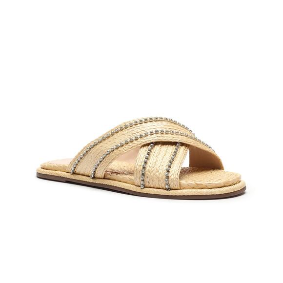 New! Schutz Carlotta Embroidered Straw Criss Cross Rhinestone Sandals - Size 5 - Picture 1 of 12